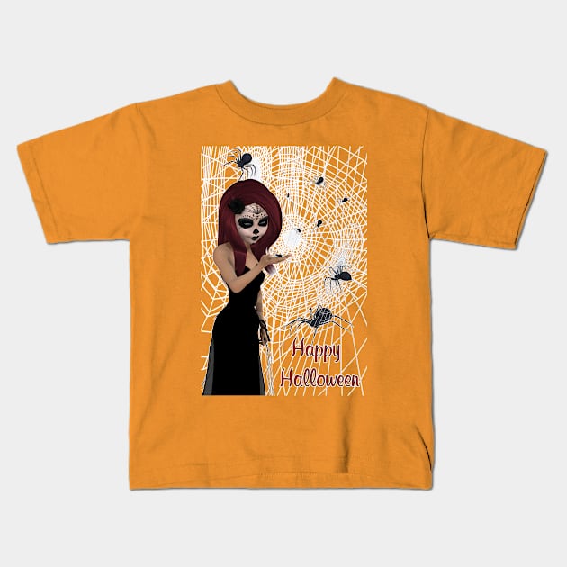 Black Widow Sugar Skull Girl Happy Halloween Kids T-Shirt by 2HivelysArt